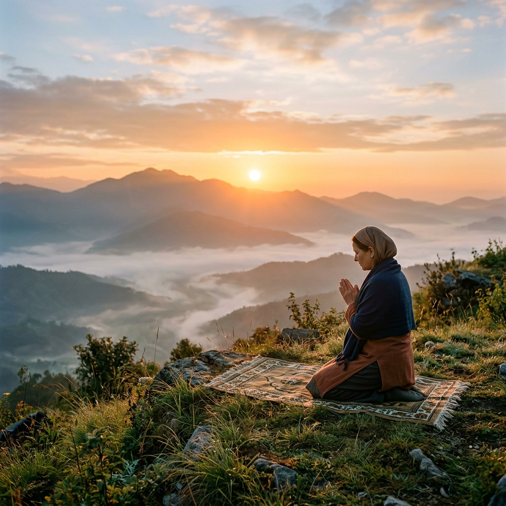 Person kneeling on prayer mat on mountain during sunrise