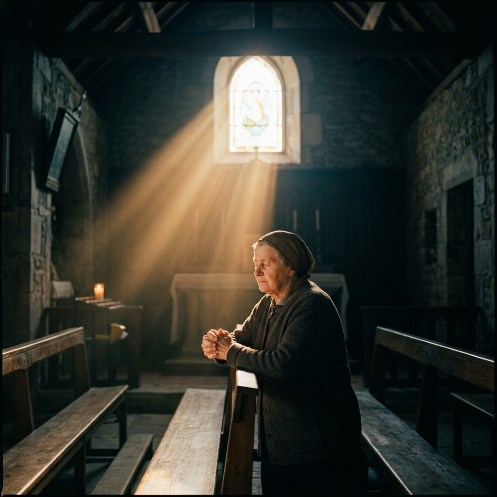 Elderly woman praying alone inside stone church with sunlight through stained glass window