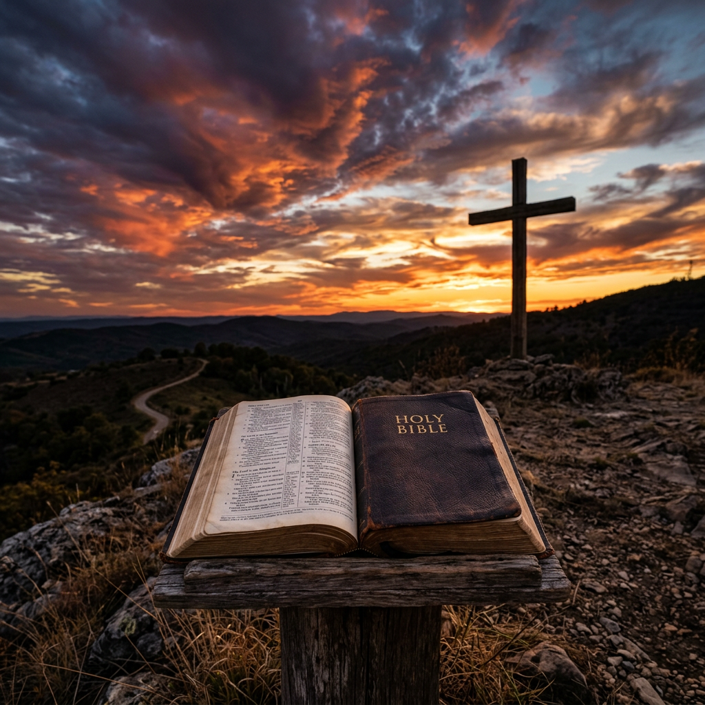 Open Holy Bible on wooden stand with wooden cross and sunset in background