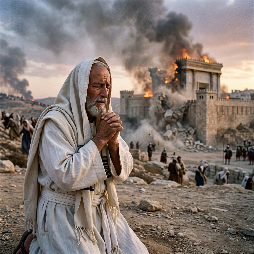 An elderly man kneeling and praying near a burning ancient temple ruin