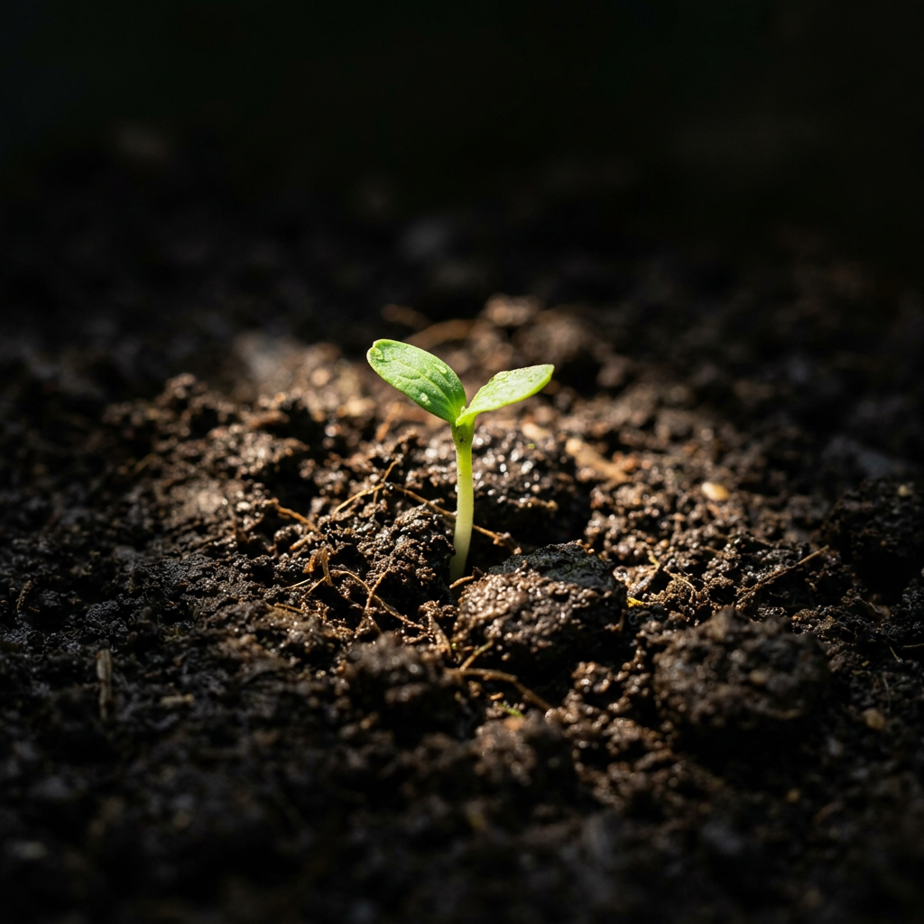 Green seedling emerging from dark soil